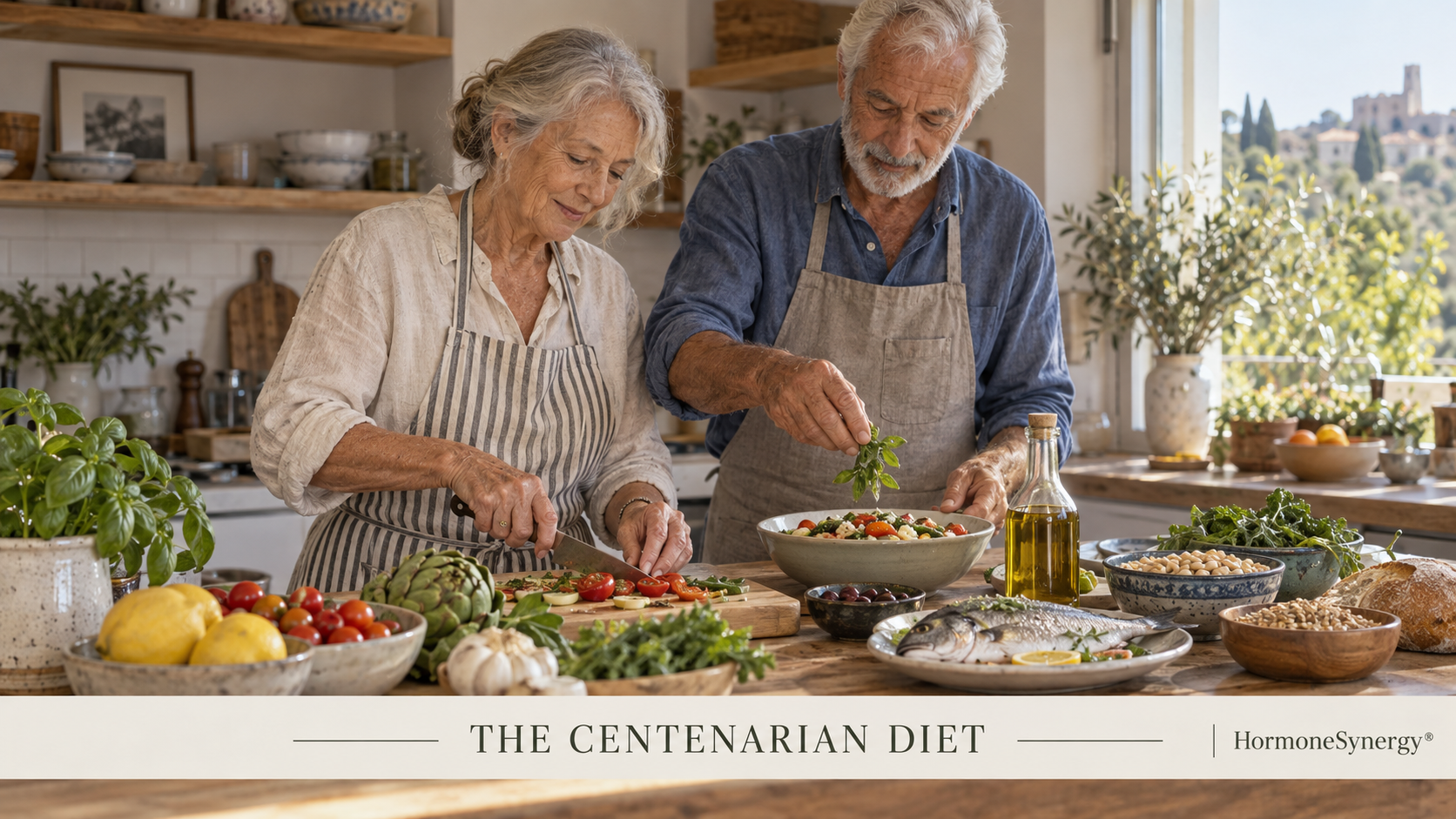 Older couple preparing a plant-forward Mediterranean-style meal together for a HormoneSynergy® article about centenarian diets and longevity.