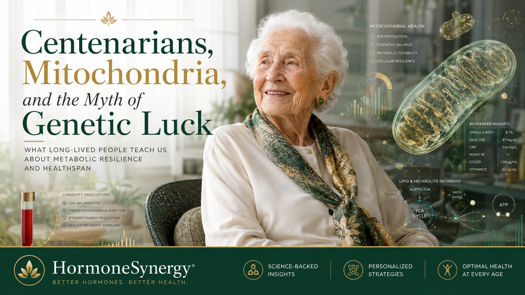 Older adult patient discussing longevity medicine with a physician in a modern HormoneSynergy clinic with subtle mitochondrial and metabolic biomarker overlays.
