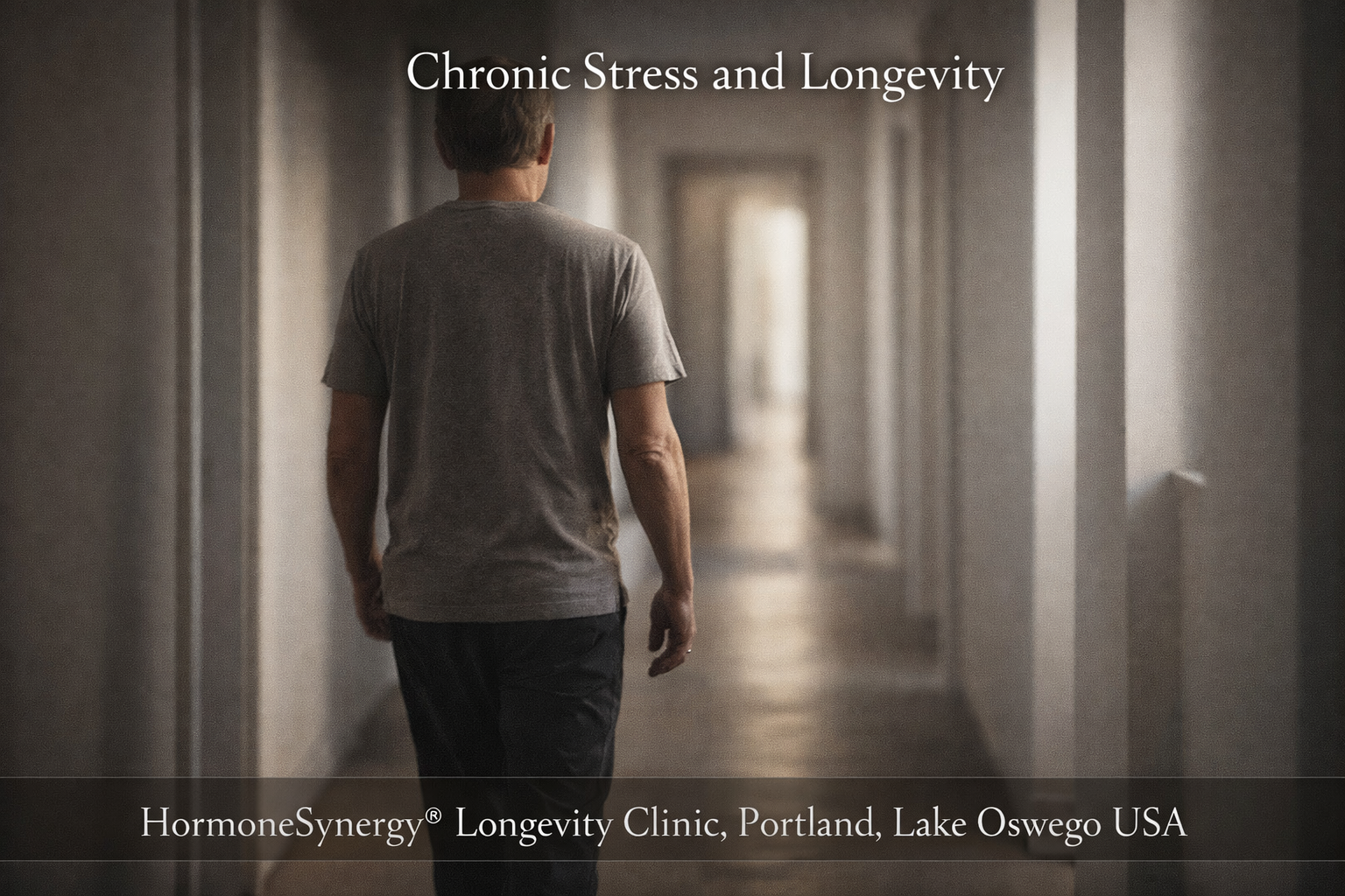 Subtle ongoing stress represented by steady movement through a minimal corridor with light and shadow transitions – HormoneSynergy® Portland Lake Oswego USA