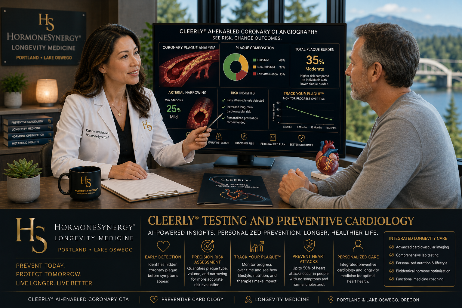 Physician reviewing Cleerly AI coronary plaque analysis, CCTA imaging, advanced lipids, and preventive cardiology strategy with a patient in a modern Portland and Lake Oswego longevity medicine