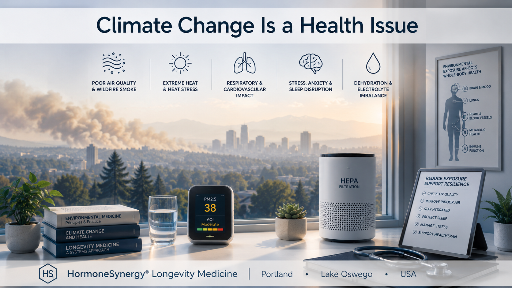 Climate change health effects including air pollution, wildfire smoke, heat, indoor air quality, and environmental stress in longevity medicine.