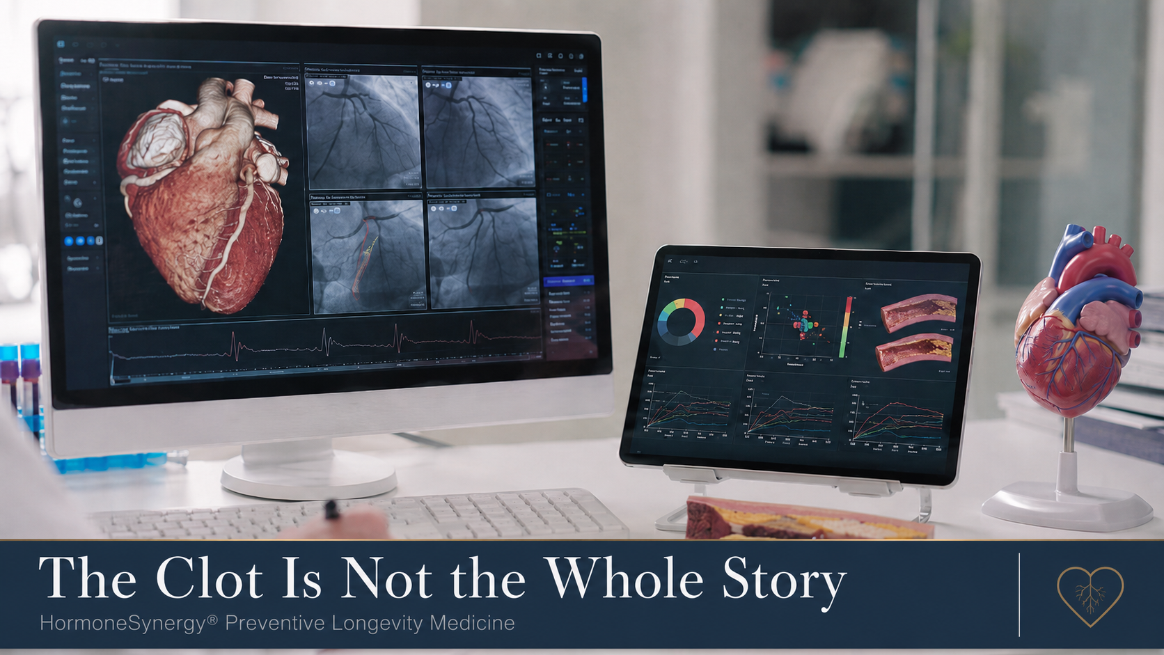 Coronary artery imaging and advanced cardiovascular risk markers displayed in a clinical prevention setting, representing the relationship between plaque, cholesterol, clotting, and heart attack risk.