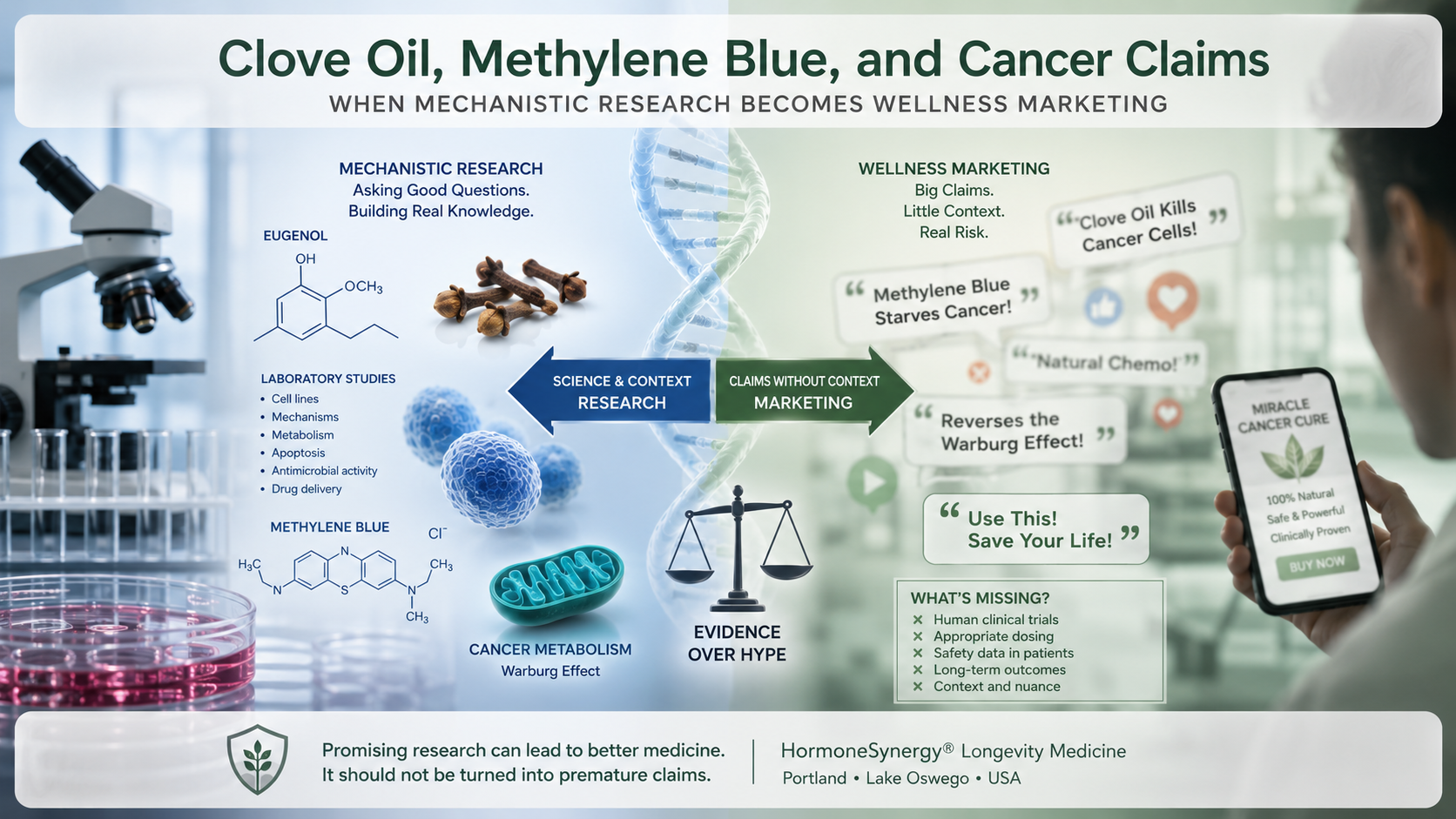 Clinical illustration of mechanistic cancer research being separated from wellness marketing claims