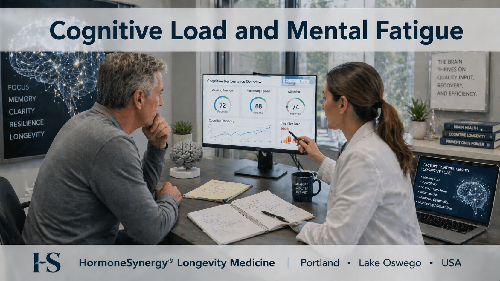 Clinical brain health consultation showing cognitive load and mental fatigue in longevity medicine.