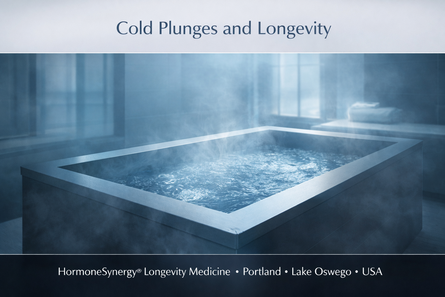 Cold plunge tub in a clean clinical wellness setting representing cold exposure research and longevity medicine