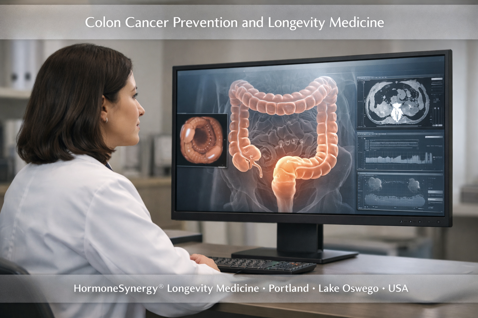 Female physician reviewing colon imaging in a clinical setting representing colon cancer prevention, gut health, and longevity medicine