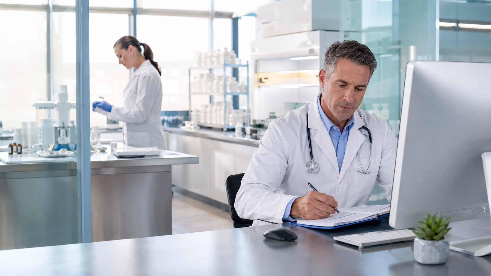 High-quality compounding pharmacy and clinician review illustrating individualized medicine, patient safety, and pharmacy standards.