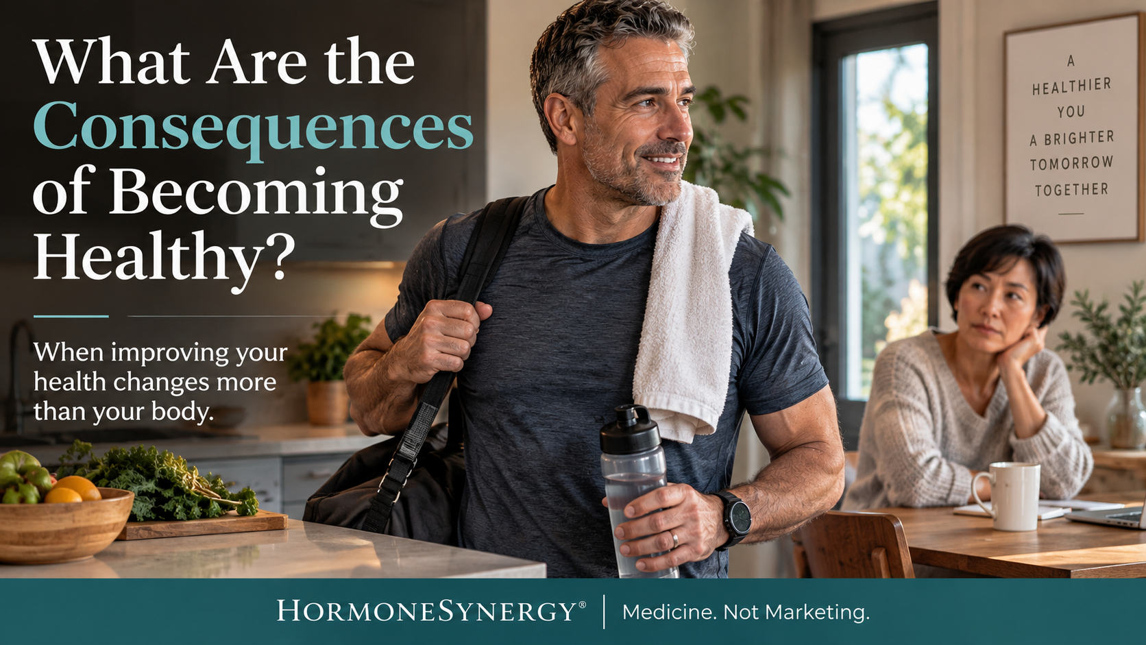 Middle-aged couple navigating changing routines and relationship dynamics after one partner significantly improves his health and fitness.