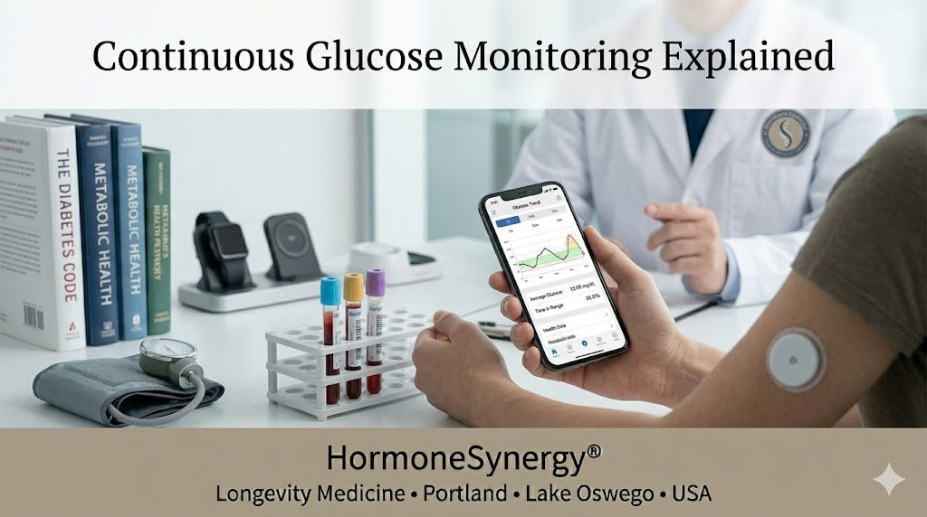 Continuous glucose monitoring device tracking real-time blood sugar trends to evaluate metabolic health and insulin resistance HormoneSynergy® Longevity Medicine Portland • Lake Oswego • USA