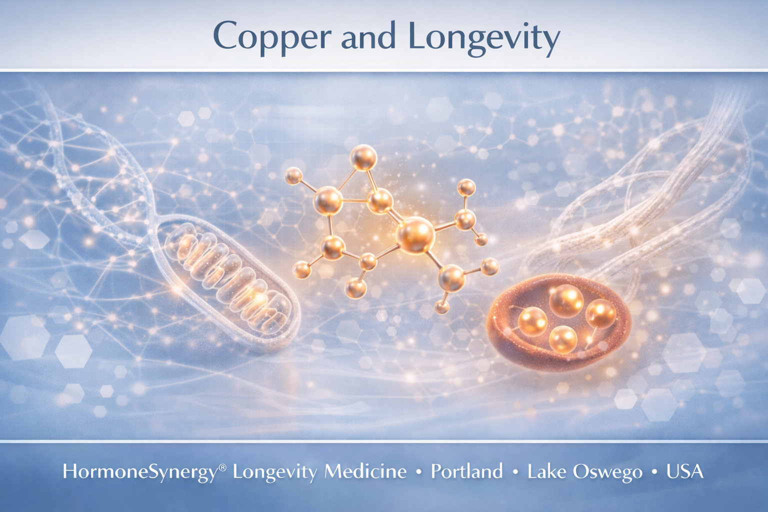 Copper and longevity clinical banner for longevity medicine showing mitochondrial antioxidant and connective tissue support HormoneSynergy Portland Oregon USA