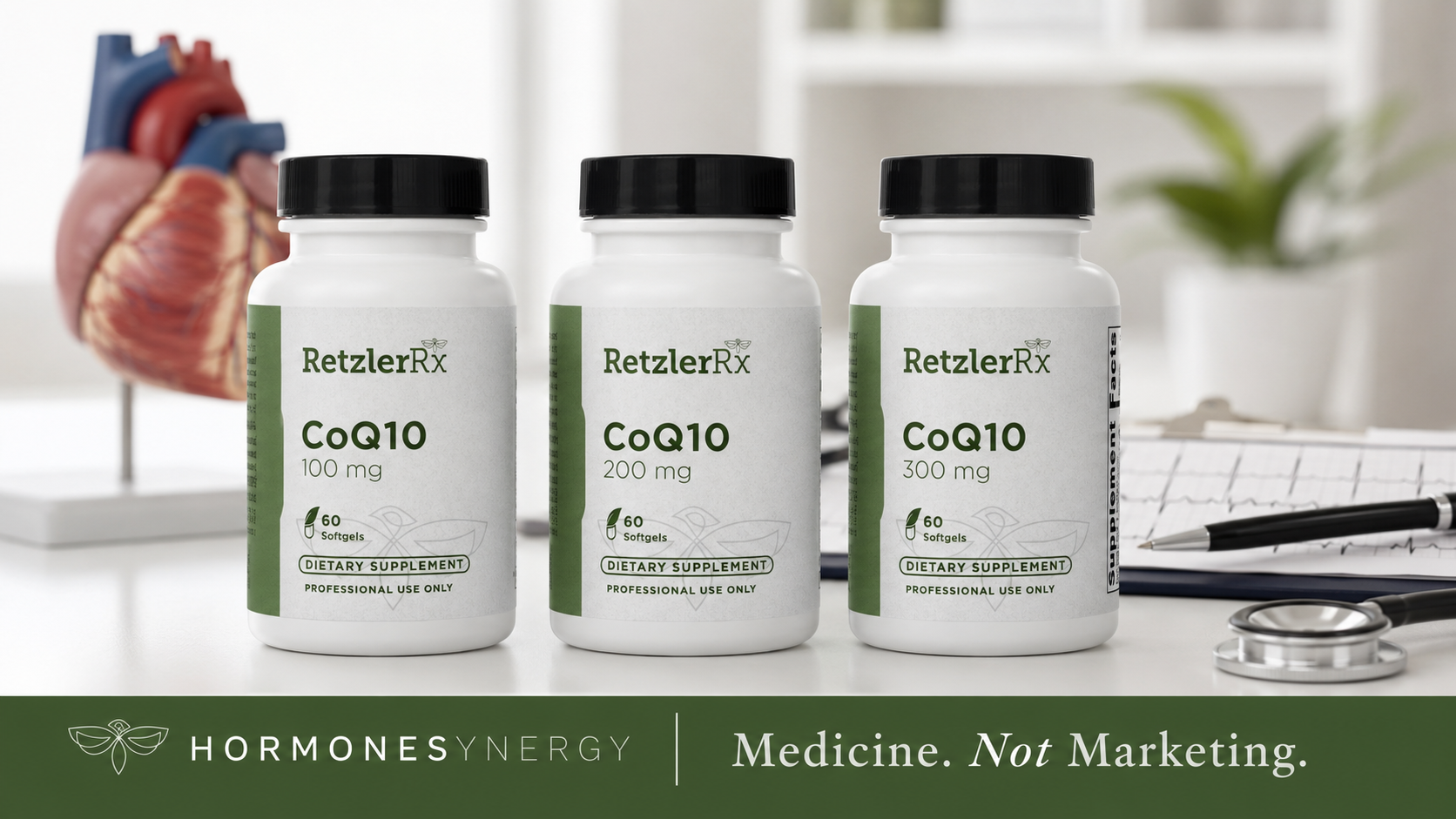 RetzlerRx CoQ10 100 mg, 200 mg, and 300 mg supplements displayed in a clean clinical setting for an article about CoQ10, statins, and cardiovascular health.