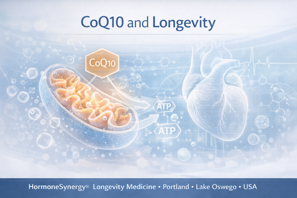 CoQ10 and longevity clinical illustration showing mitochondrial energy production, heart health, and antioxidant support