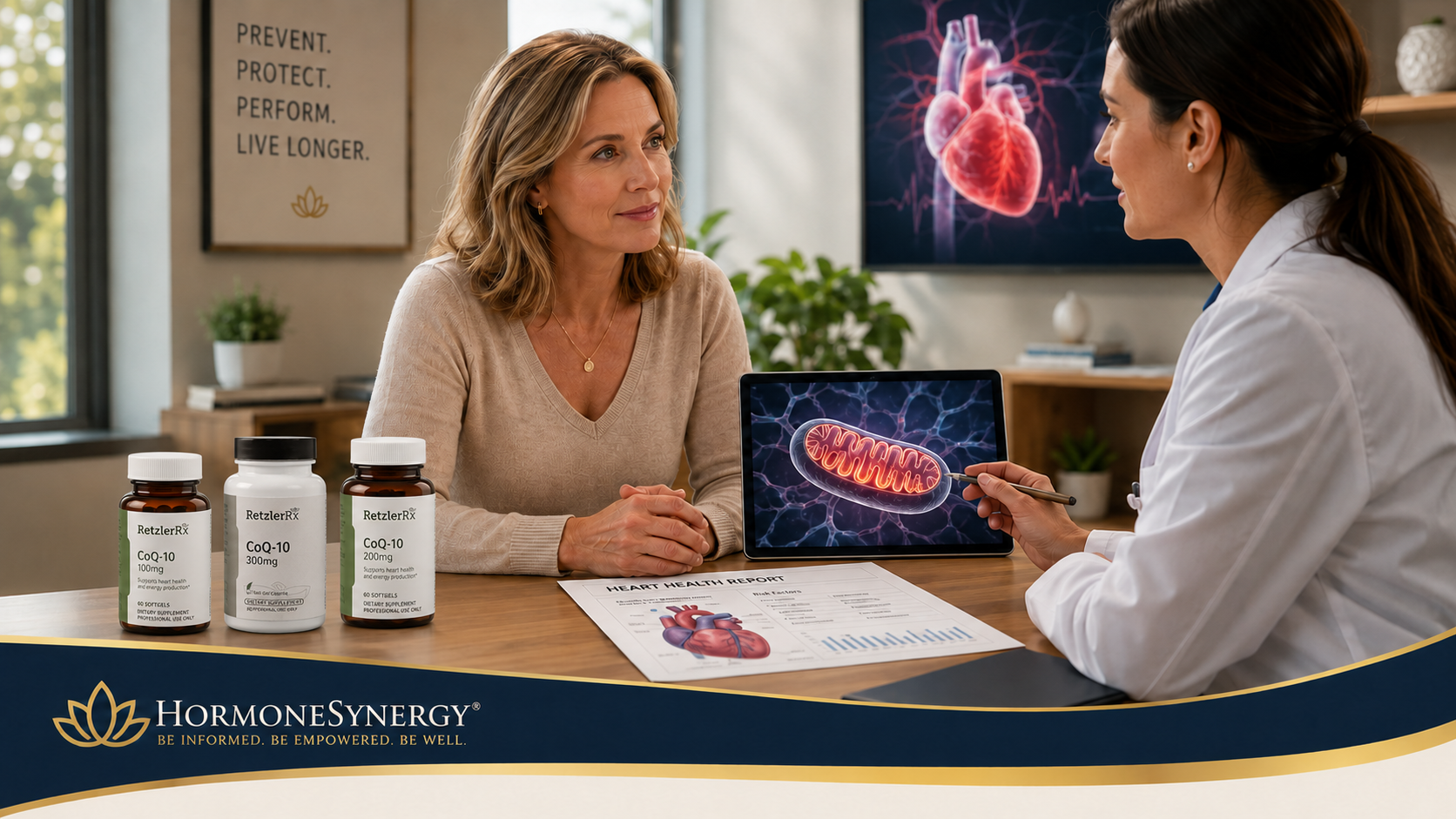 Middle-aged woman discussing CoQ10, statins, muscle symptoms, and heart health with a clinician in a longevity medicine consultation.
