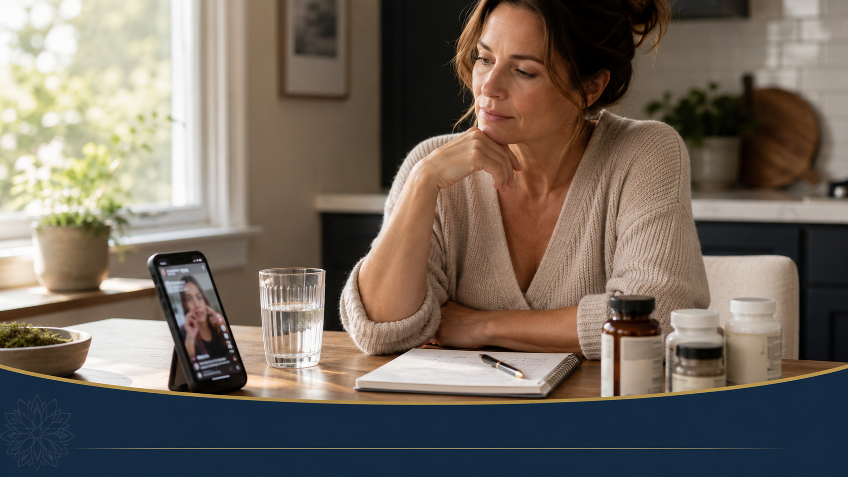 Woman reviewing wellness content about cortisol at a kitchen table, reflecting the HormoneSynergy® message that cortisol is not the villain and hormone support requires clinical context.