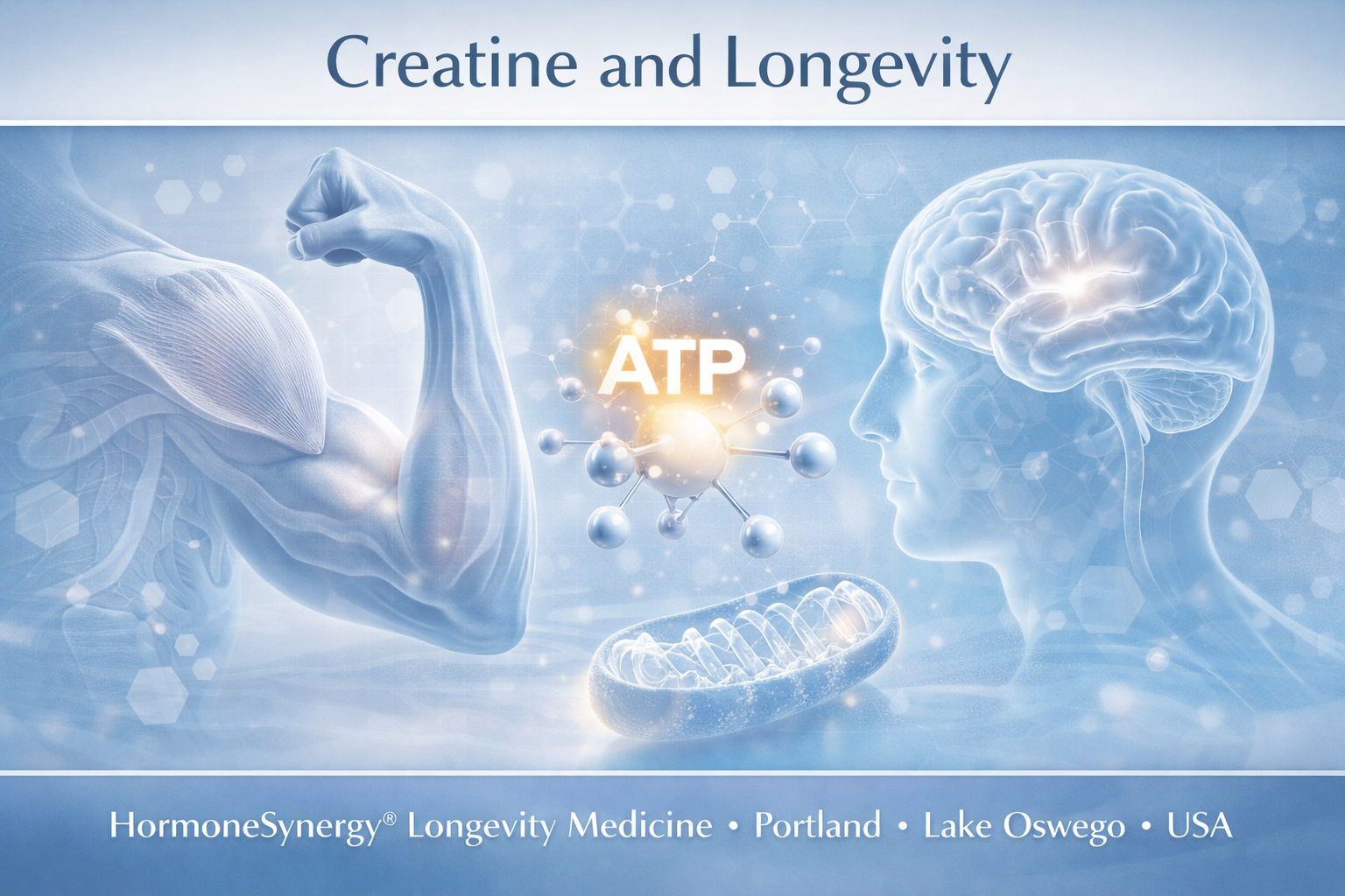 Creatine and longevity clinical banner showing muscle and brain energy systems with ATP and metabolic support cues in HormoneSynergy style