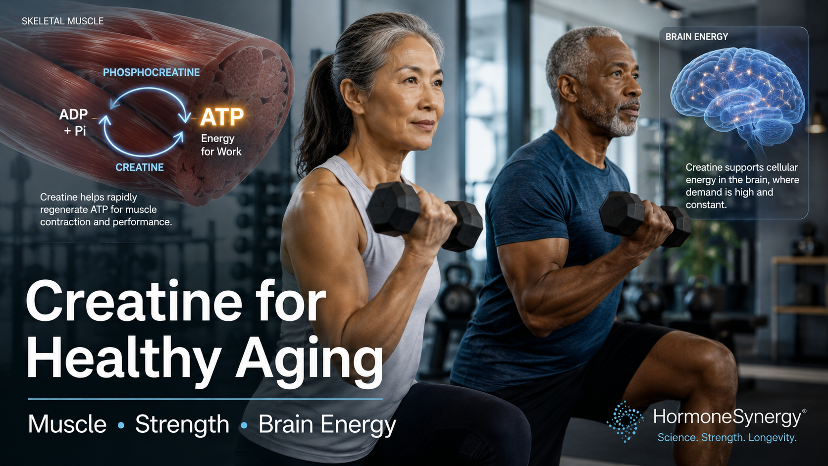 Creatine for healthy aging showing active older adults strength training with muscle, ATP energy and brain health physiology.