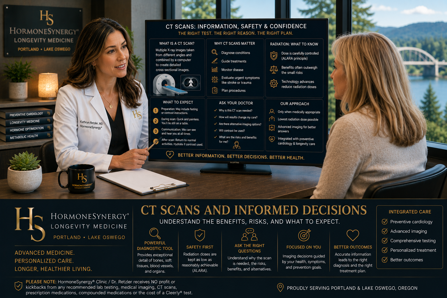 Physician reviewing CT scan radiation safety, medical imaging decisions, and preventive cardiology context with a patient in a modern Portland and Lake Oswego longevity medicine clinic.