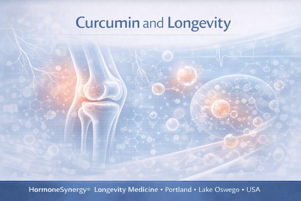 Curcumin and longevity clinical illustration showing inflammation balance, joint health, antioxidant protection, and cellular resilience