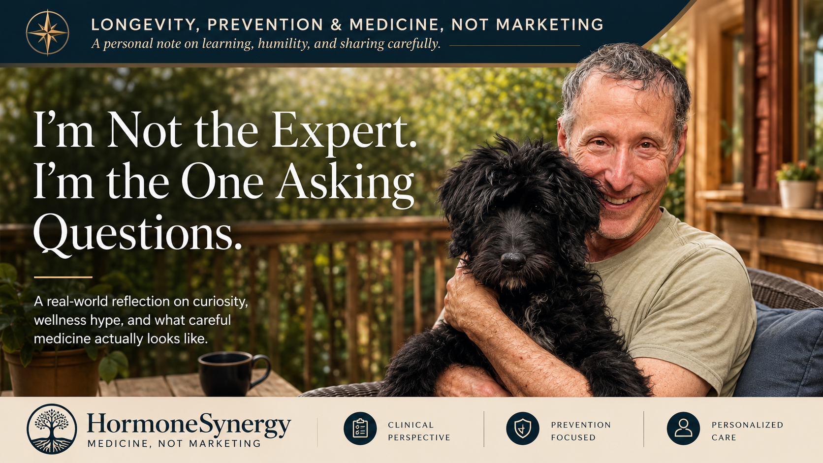 Daniel Soule-style HormoneSynergy editorial image reflecting on curiosity, longevity science, wellness marketing, and careful health education in Portland and Lake Oswego, Oregon.