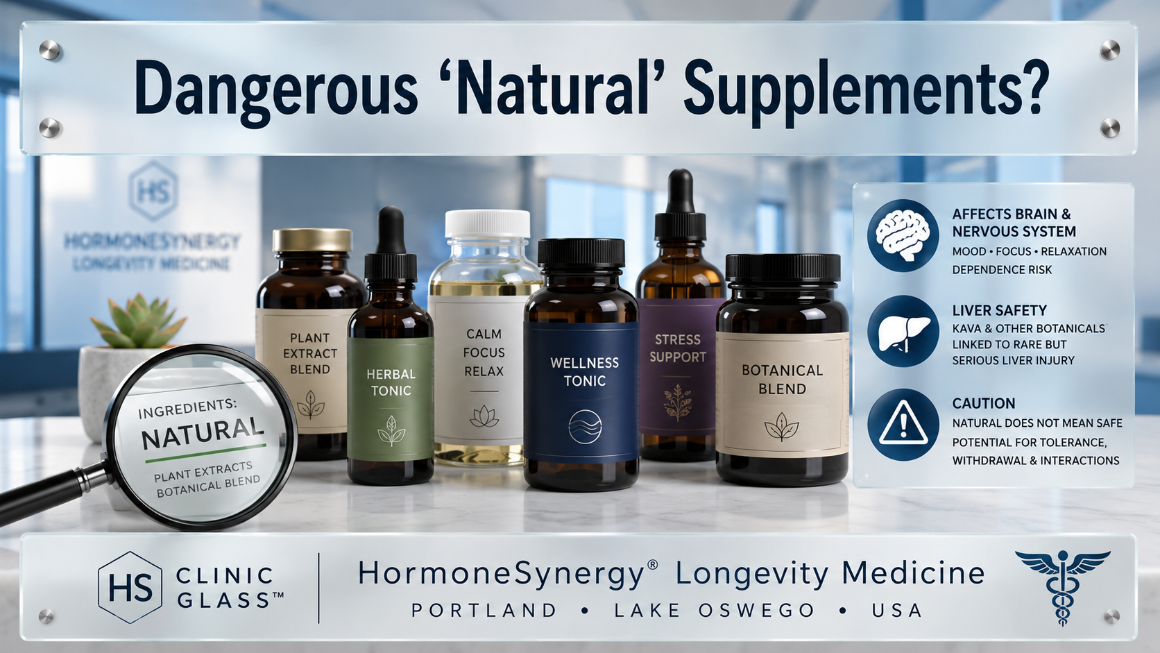 Editorial medical image showing generic wellness tonic bottles under a frosted-glass caution overlay, representing dangerous natural supplements, kratom, kava, and supplement marketing risks.