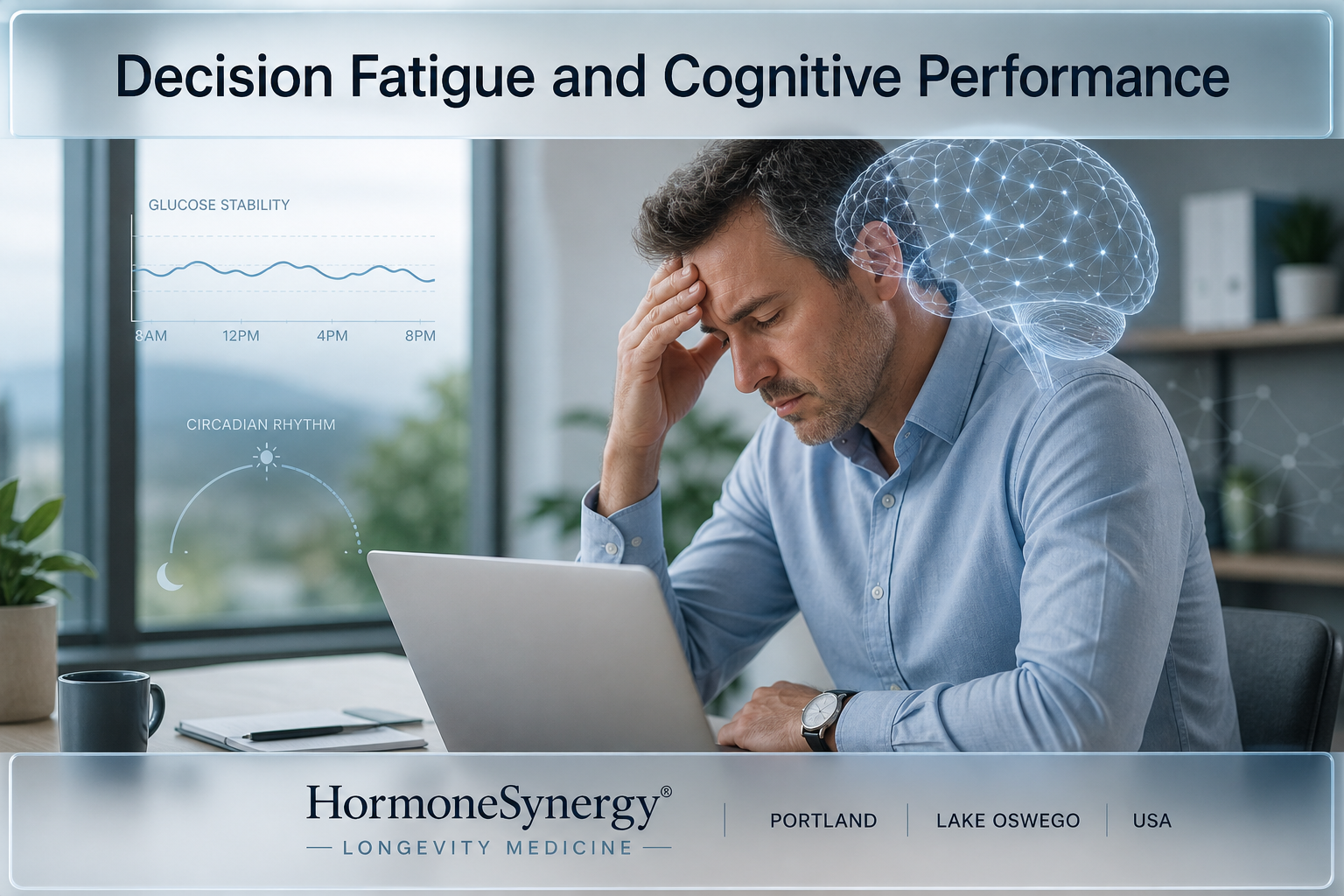 Decision fatigue and cognitive performance in longevity medicine, illustrating mental fatigue, brain function, and the role of sleep, metabolism, and recovery in sustained cognitive clarity