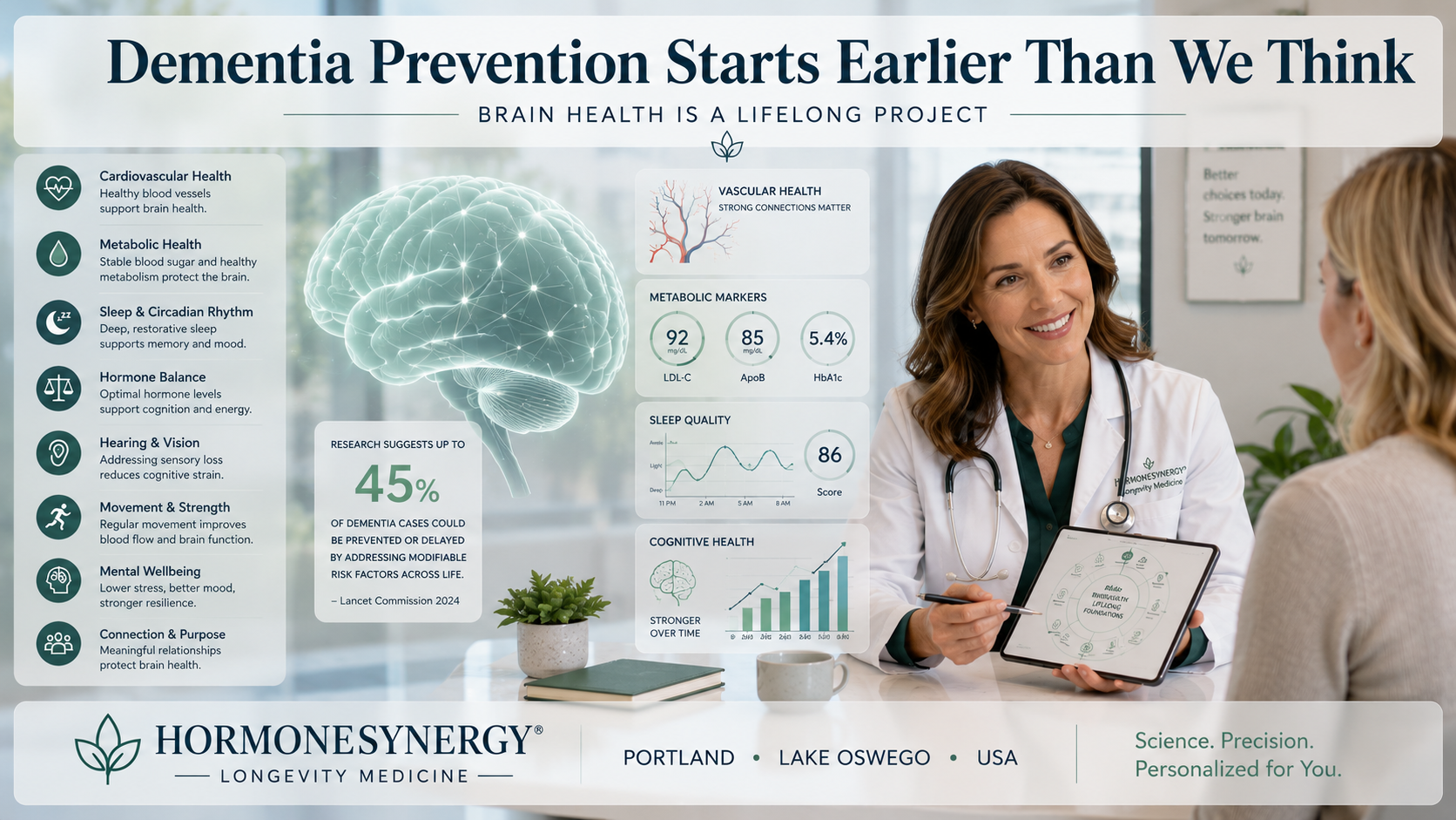 Dementia prevention and lifelong brain health through HormoneSynergy longevity medicine in Portland and Lake Oswego, showing clinical brain, vascular, metabolic, sleep, and cognitive health systems.