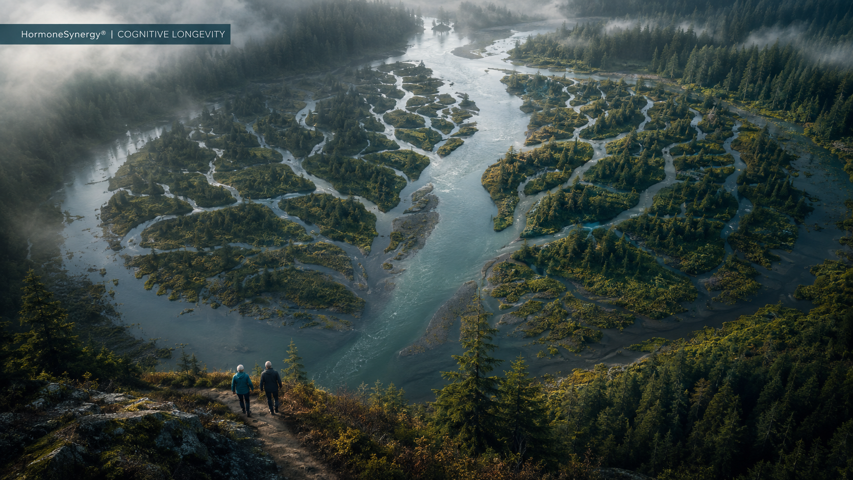 Older couple overlooking a branching Pacific Northwest river delta that subtly resembles the structure of the brain.