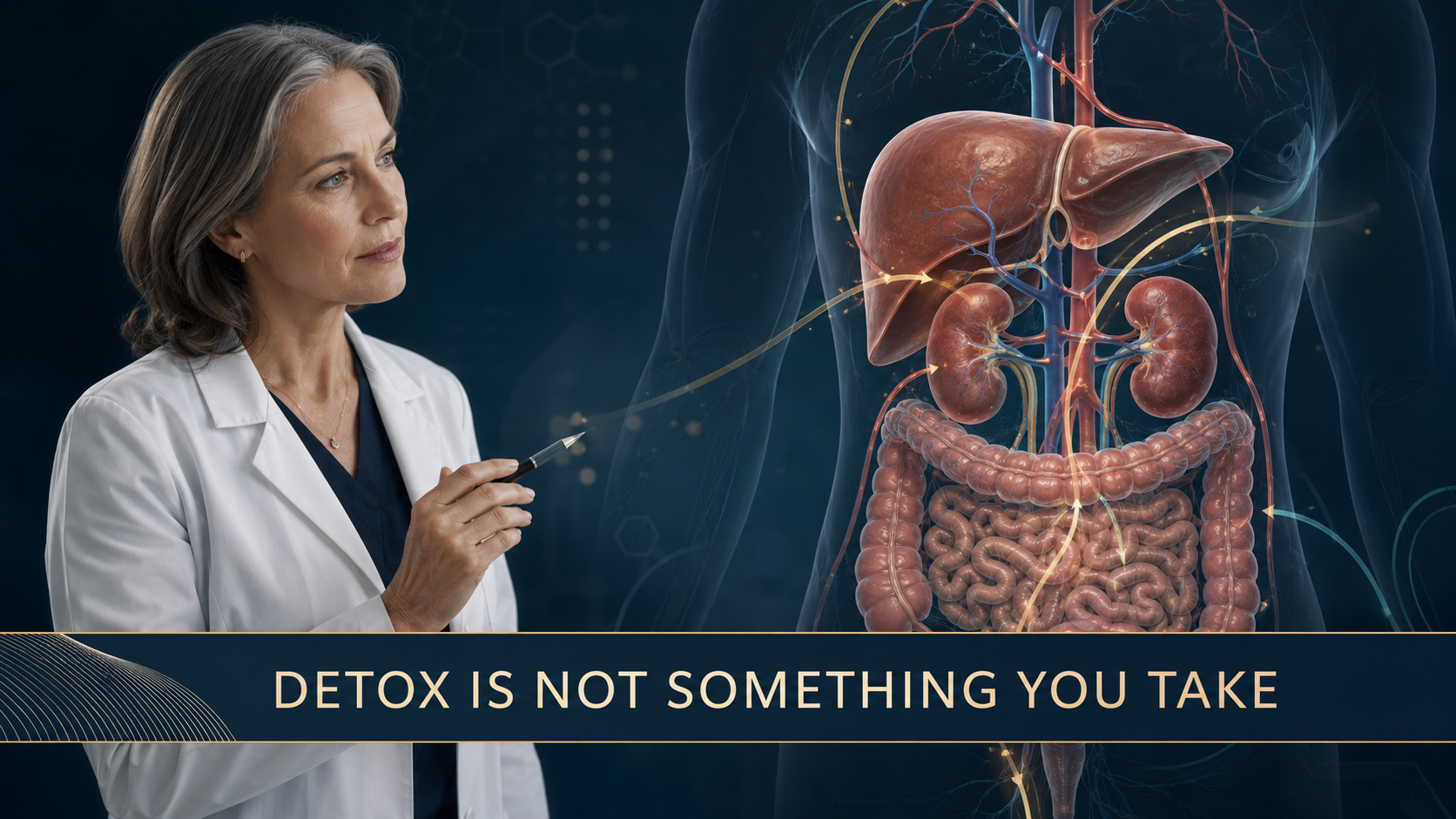 Medical illustration of the liver, kidneys, and gastrointestinal tract explaining why detoxification is continuous physiology rather than a commercial cleanse.