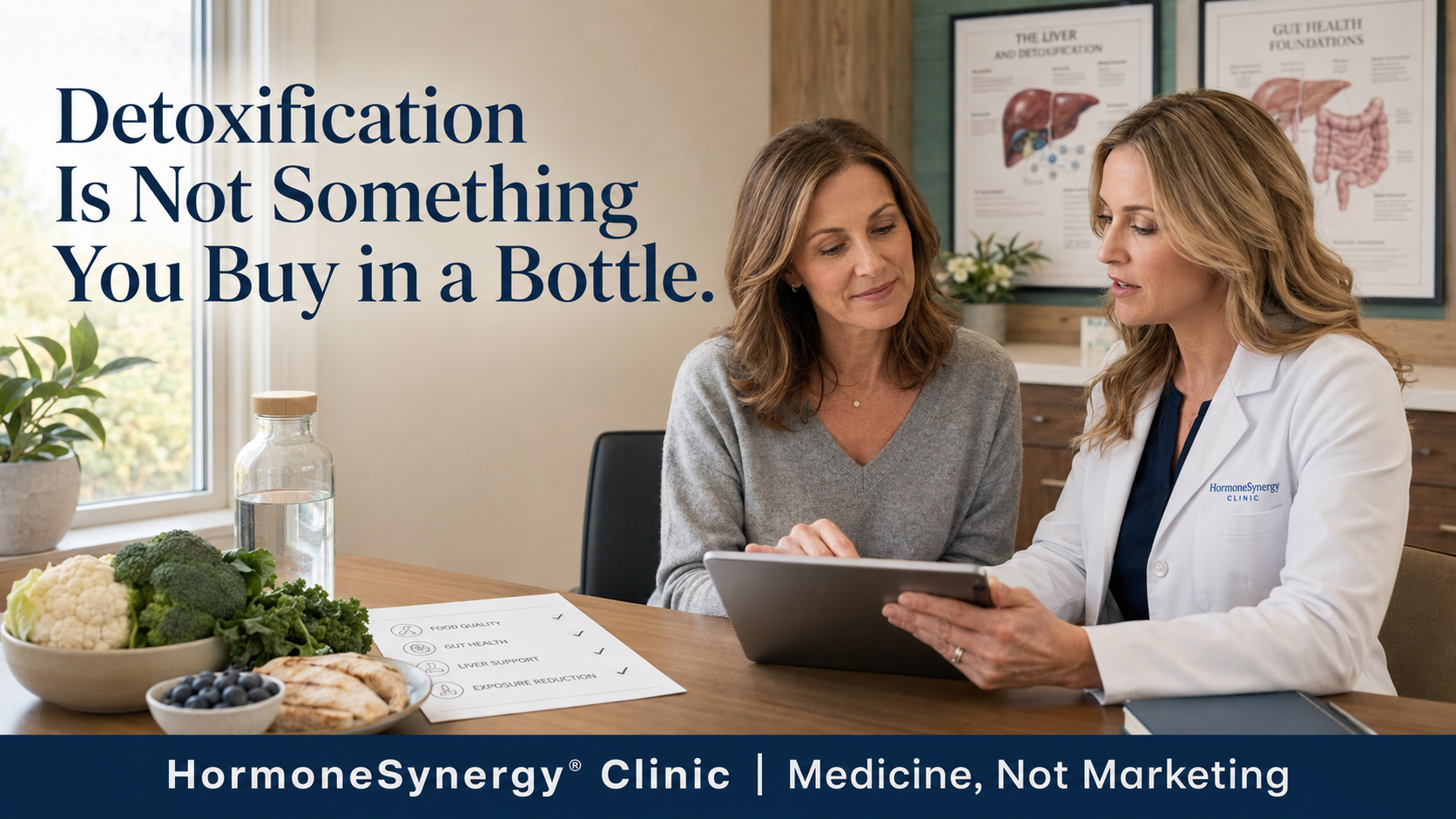 Clinician and midlife woman discussing detoxification as food quality, exposure reduction, gut health, liver support, and normal elimination pathways at HormoneSynergy Clinic.