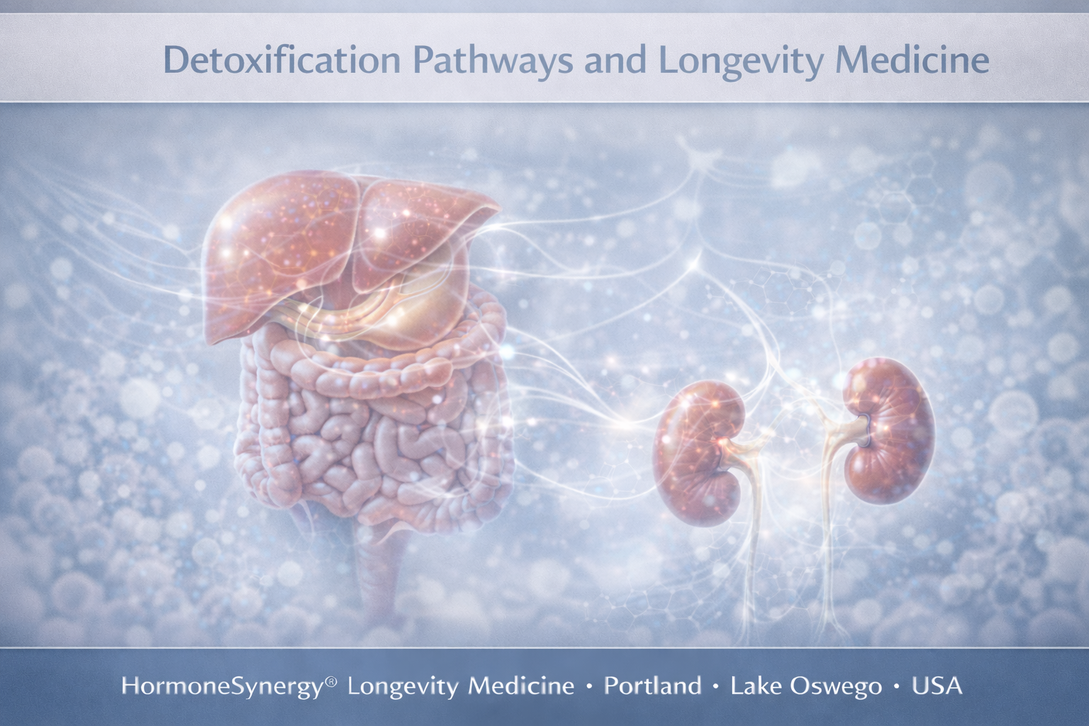 Clinical visualization of liver gut and kidney detox pathways representing detoxification and longevity medicine in HormoneSynergy®
