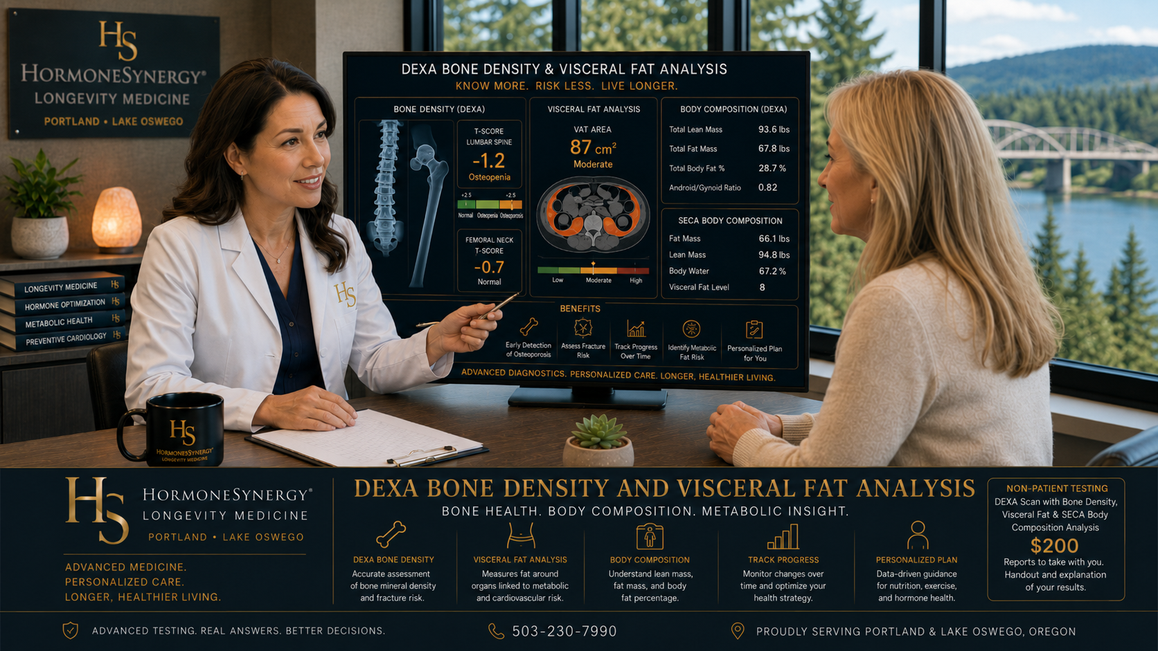 Physician reviewing DEXA bone density, visceral fat analysis, body composition, and SECA testing with a patient in a modern Portland and Lake Oswego longevity medicine clinic.