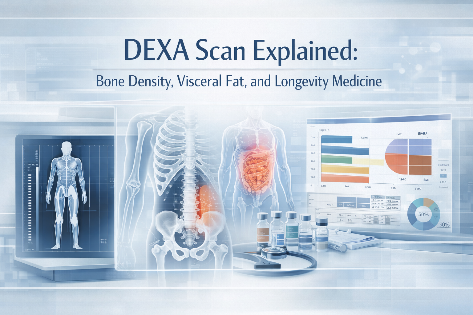 DEXA scan hero image showing bone density visceral fat and body composition testing in longevity medicine