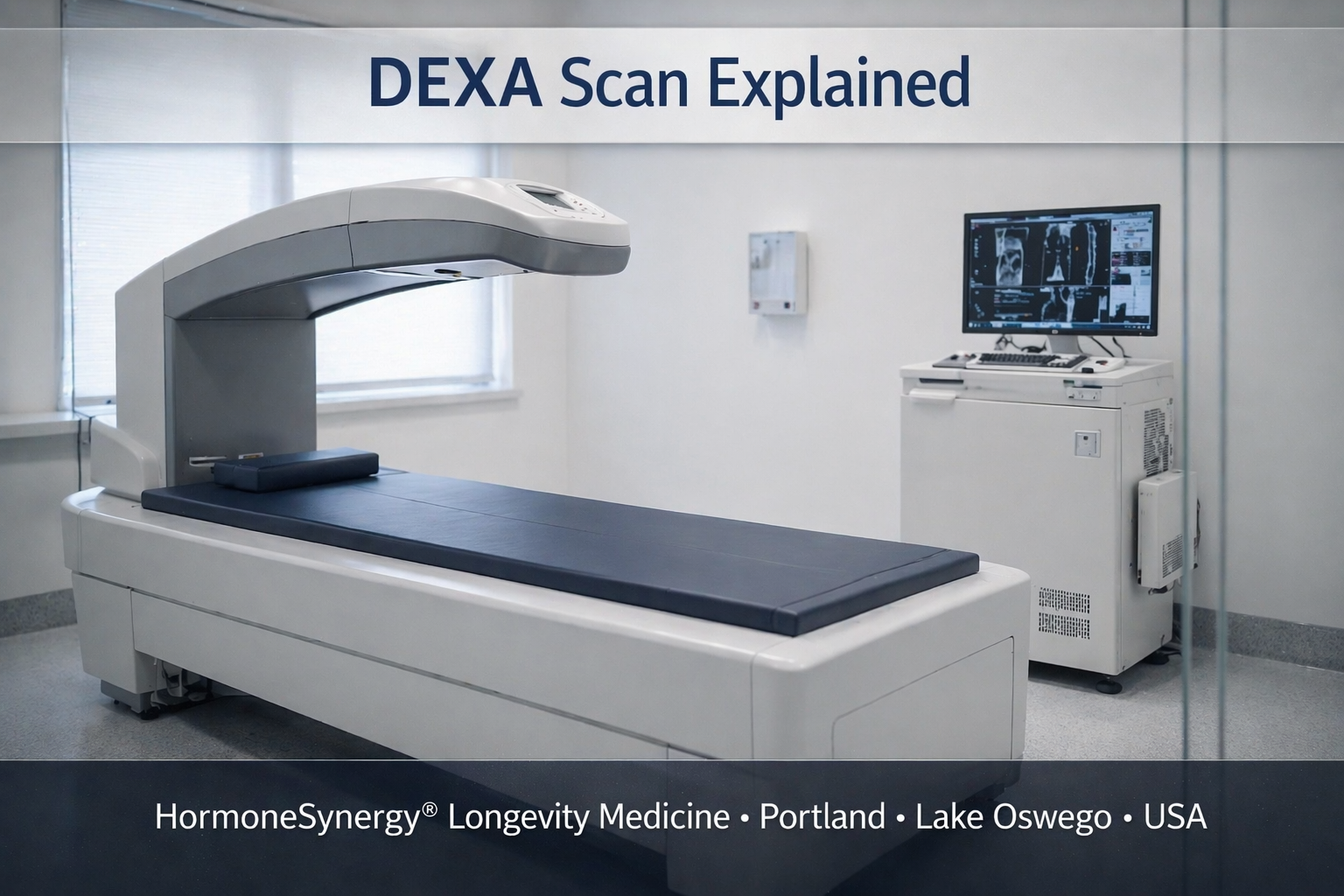 Real clinical DEXA scan measuring bone density and body composition in a modern medical imaging room