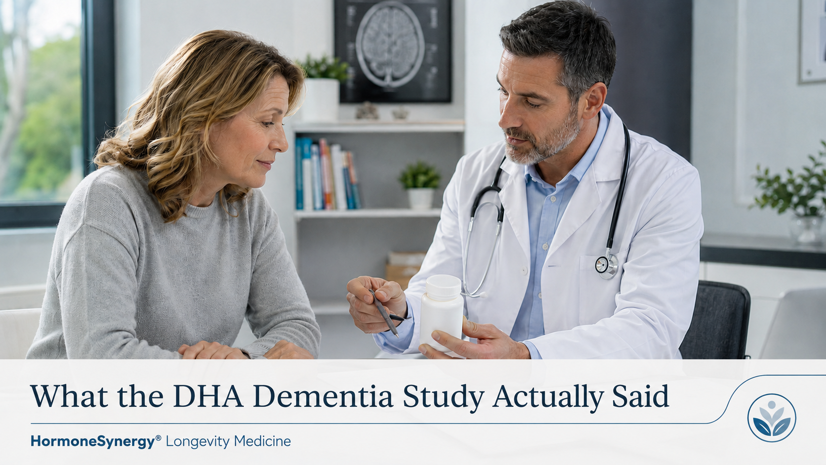 Physician and midlife patient reviewing omega-3 research and brain health data in a clinical consultation room.