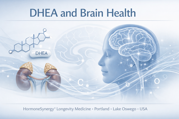 DHEA hormone and brain health visualized with subtle neural and adrenal signaling context in a clean clinical editorial style for HormoneSynergy® Longevity Medicine
