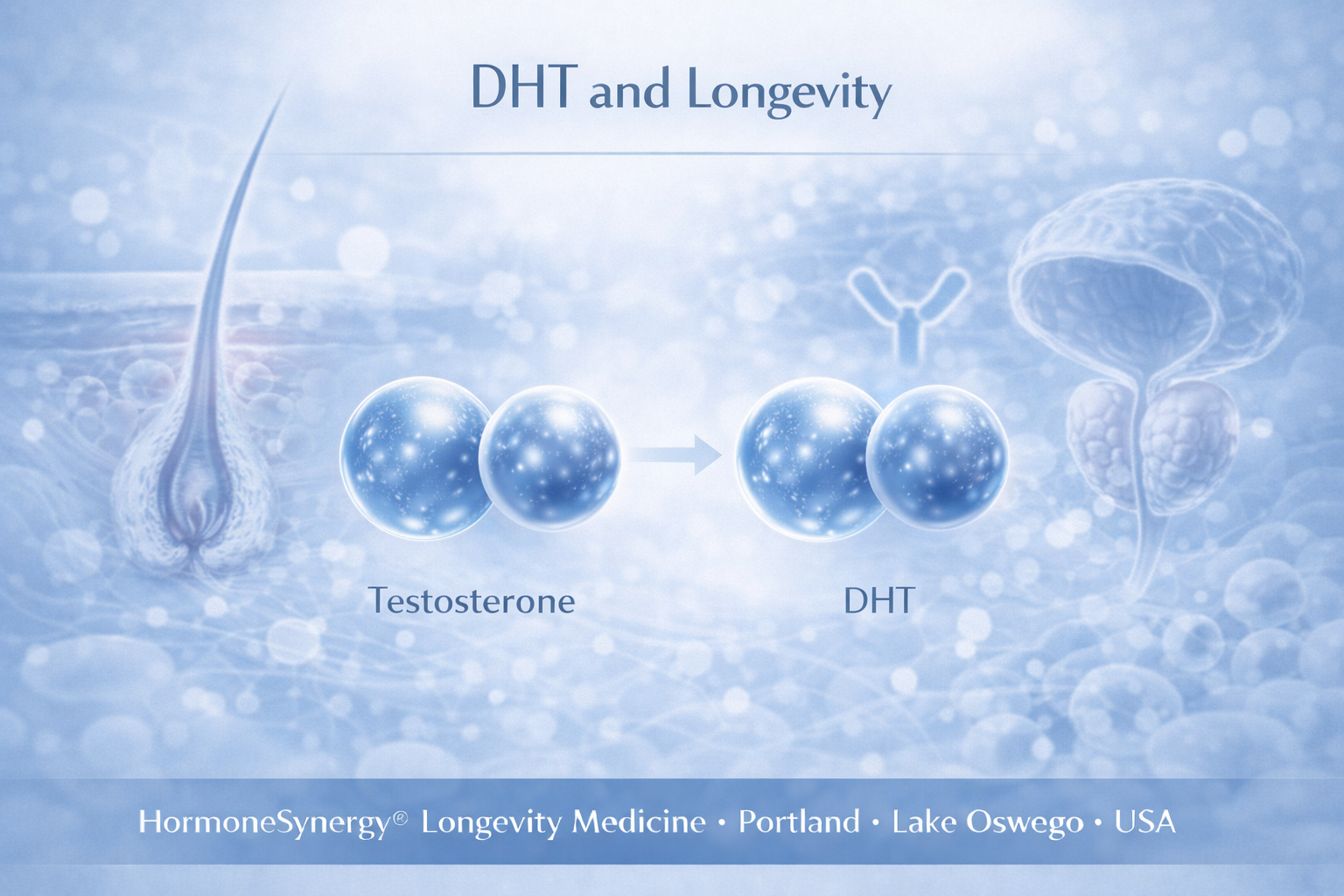 Clinical editorial illustration representing DHT, androgen receptor signaling, and tissue-specific hormone balance in longevity medicine.