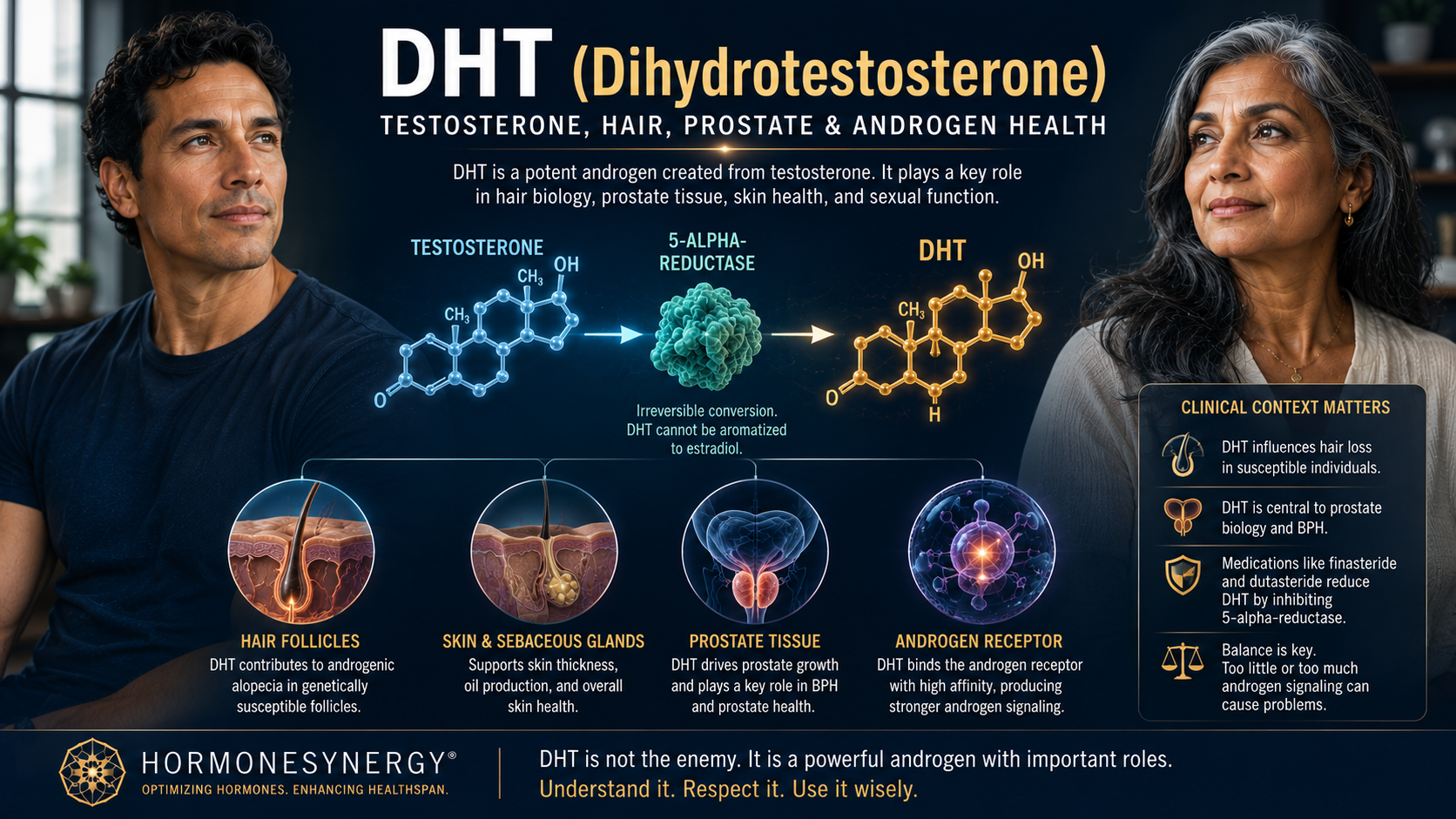 DHT and testosterone illustration showing 5-alpha-reductase conversion and androgen effects in hair follicles, skin, and prostate tissue.