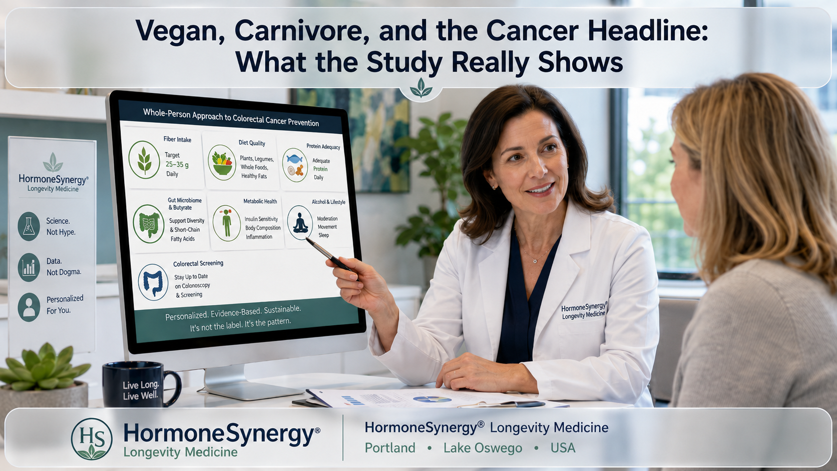 Female physician reviewing colorectal cancer prevention, diet quality, gut health, and metabolic risk with a patient at HormoneSynergy® Longevity Medicine in Portland and Lake Oswego.