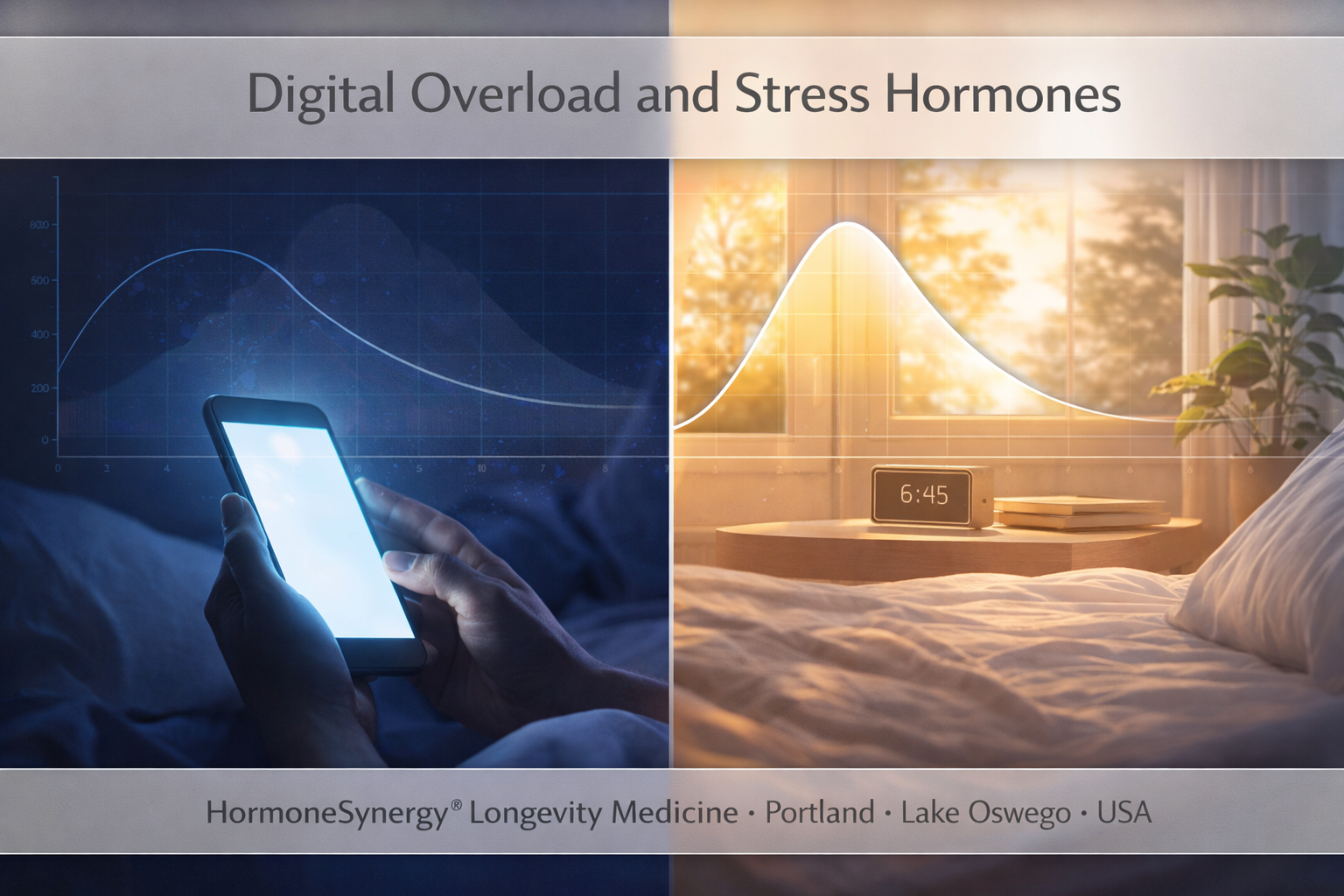 Digital overload and stress hormones illustration showing nighttime phone use disrupting cortisol rhythm compared to healthy morning light circadian pattern HormoneSynergy Longevity Medicine