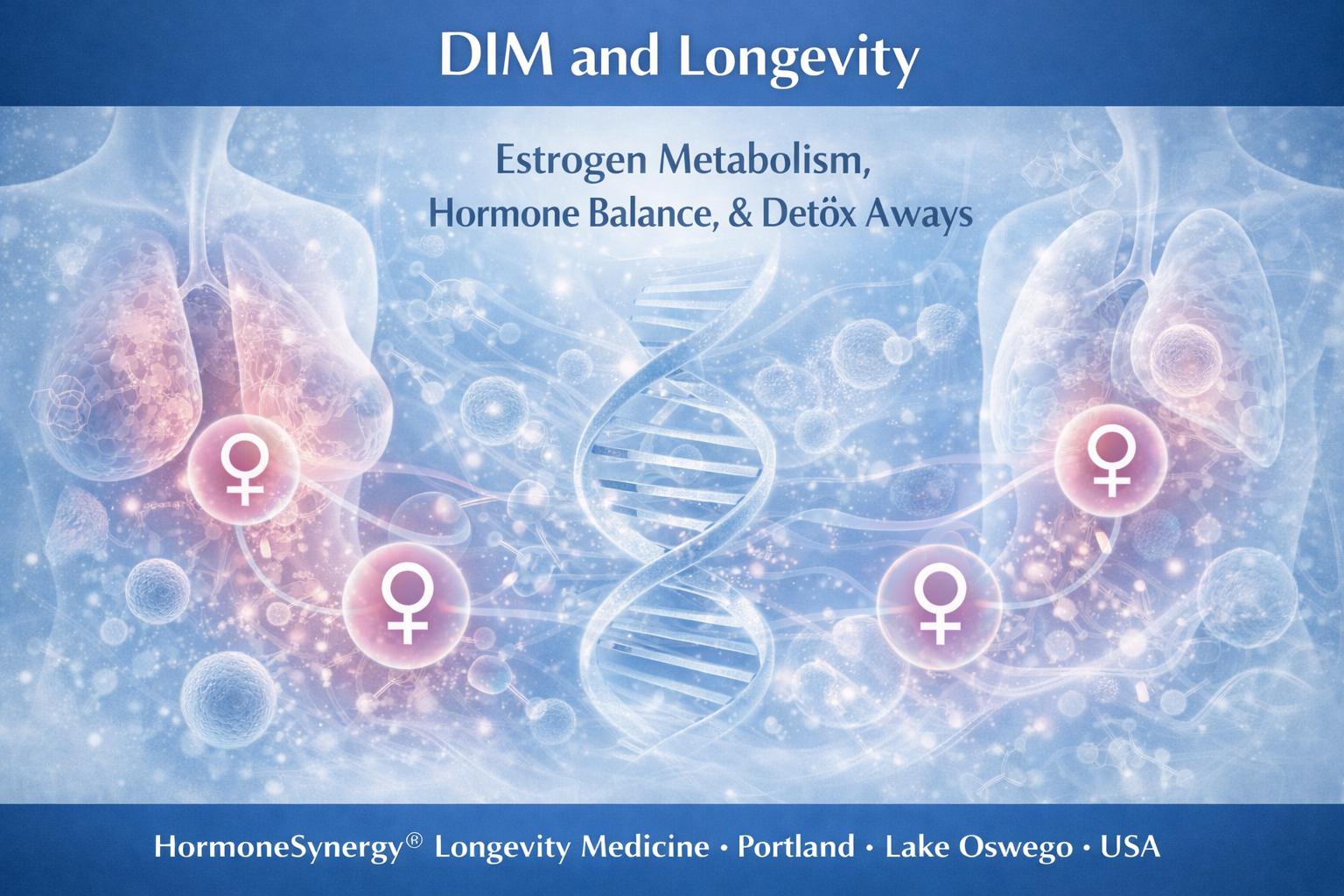 DIM and longevity illustration showing estrogen metabolism hormone balance and detox pathways HormoneSynergy
