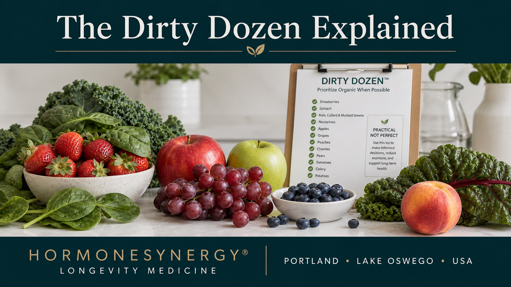 Clinical editorial image of fruits and vegetables used to explain the Dirty Dozen and practical organic produce prioritization for longevity medicine.