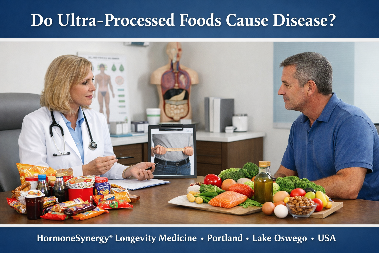 Comparison of ultra-processed packaged foods versus whole foods representing metabolic health, inflammation, and longevity nutrition at HormoneSynergy® Longevity Medicine Portland Lake Oswego.
