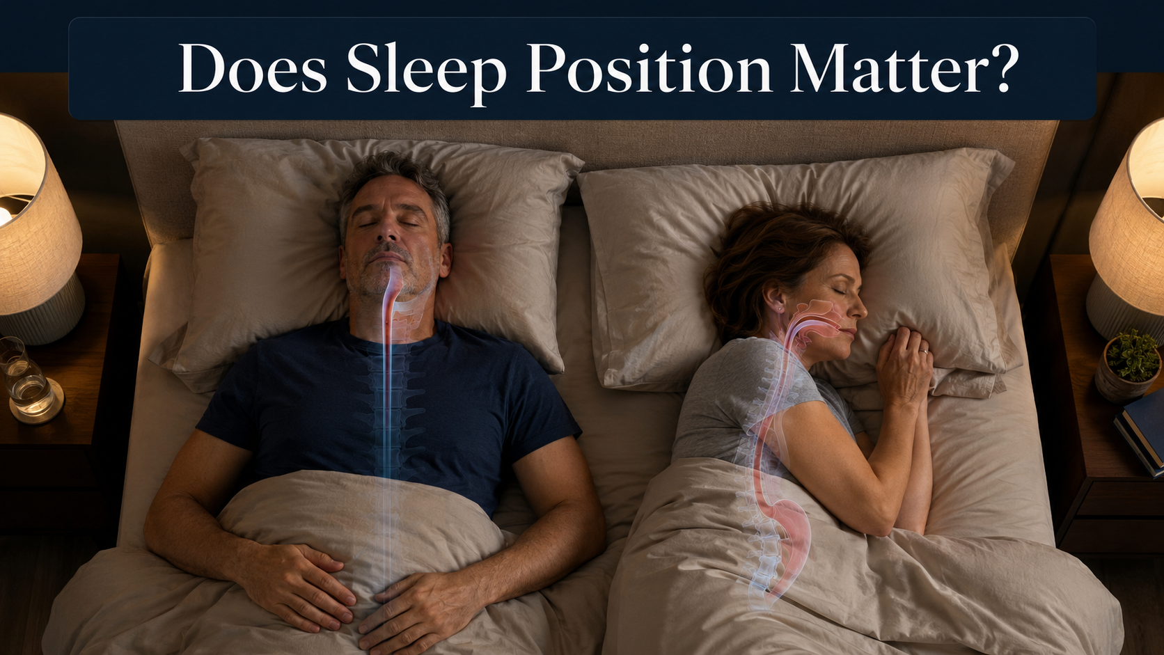 Man sleeping on his back and woman sleeping on her side, illustrating how sleep position may affect breathing, reflux and musculoskeletal comfort.