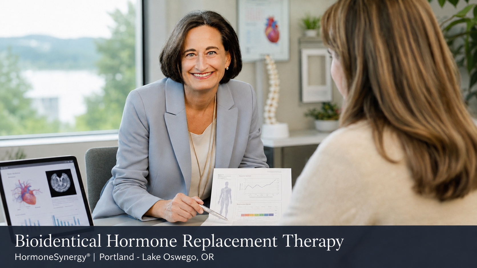 Dr. Kathryn Retzler Portland Lake Oswego Oregon  reviewing individualized hormone replacement therapy and lab results with a midlife woman patient in a modern longevity medicine clinic.