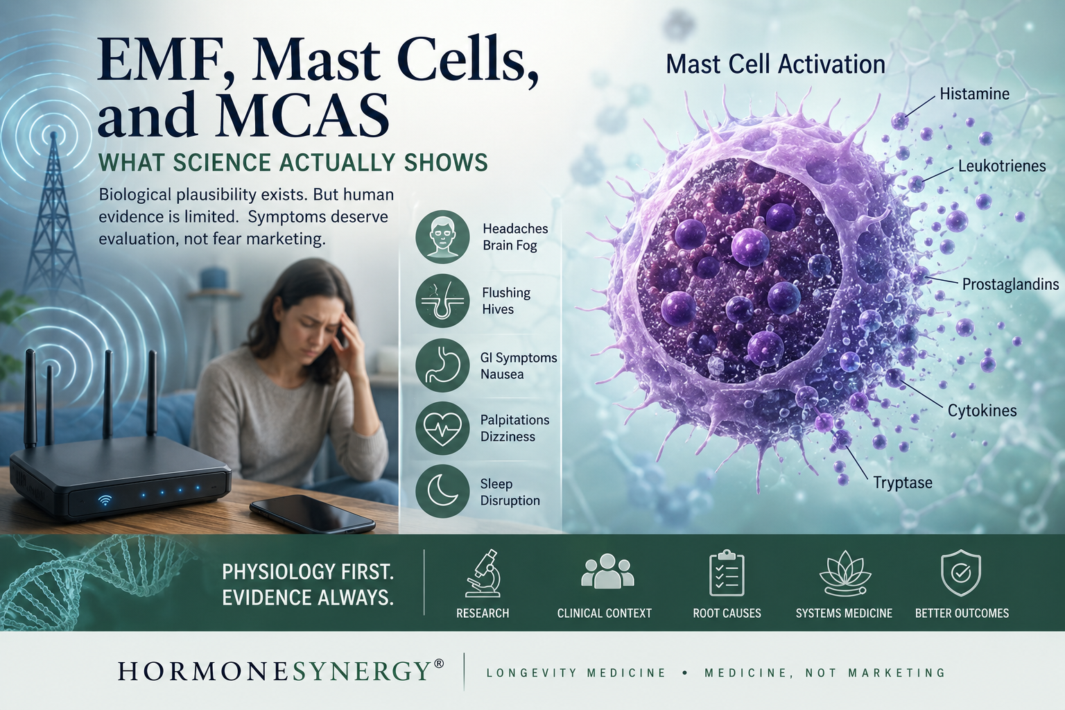 Clinical editorial image representing electromagnetic field exposure, mast-cell activation, nervous-system sensitivity, inflammation, and longevity medicine evaluation.