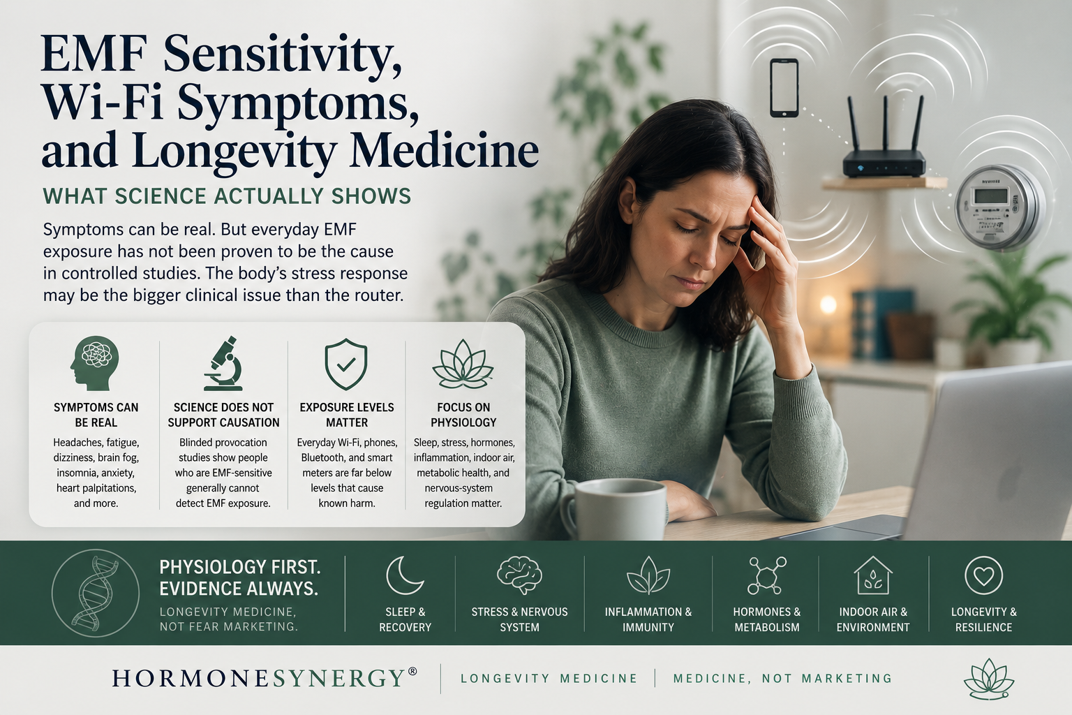 Clinical editorial image representing EMF sensitivity, Wi-Fi symptoms, nervous-system overload, sleep disruption, environmental exposure, and longevity medicine evaluation.