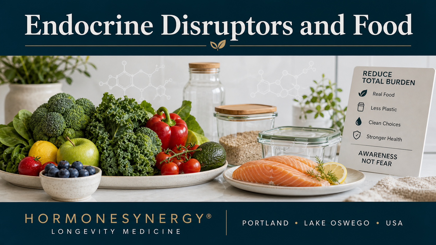 Clinical editorial image showing food and environmental exposure factors related to endocrine disruptors and hormone health in longevity medicine.