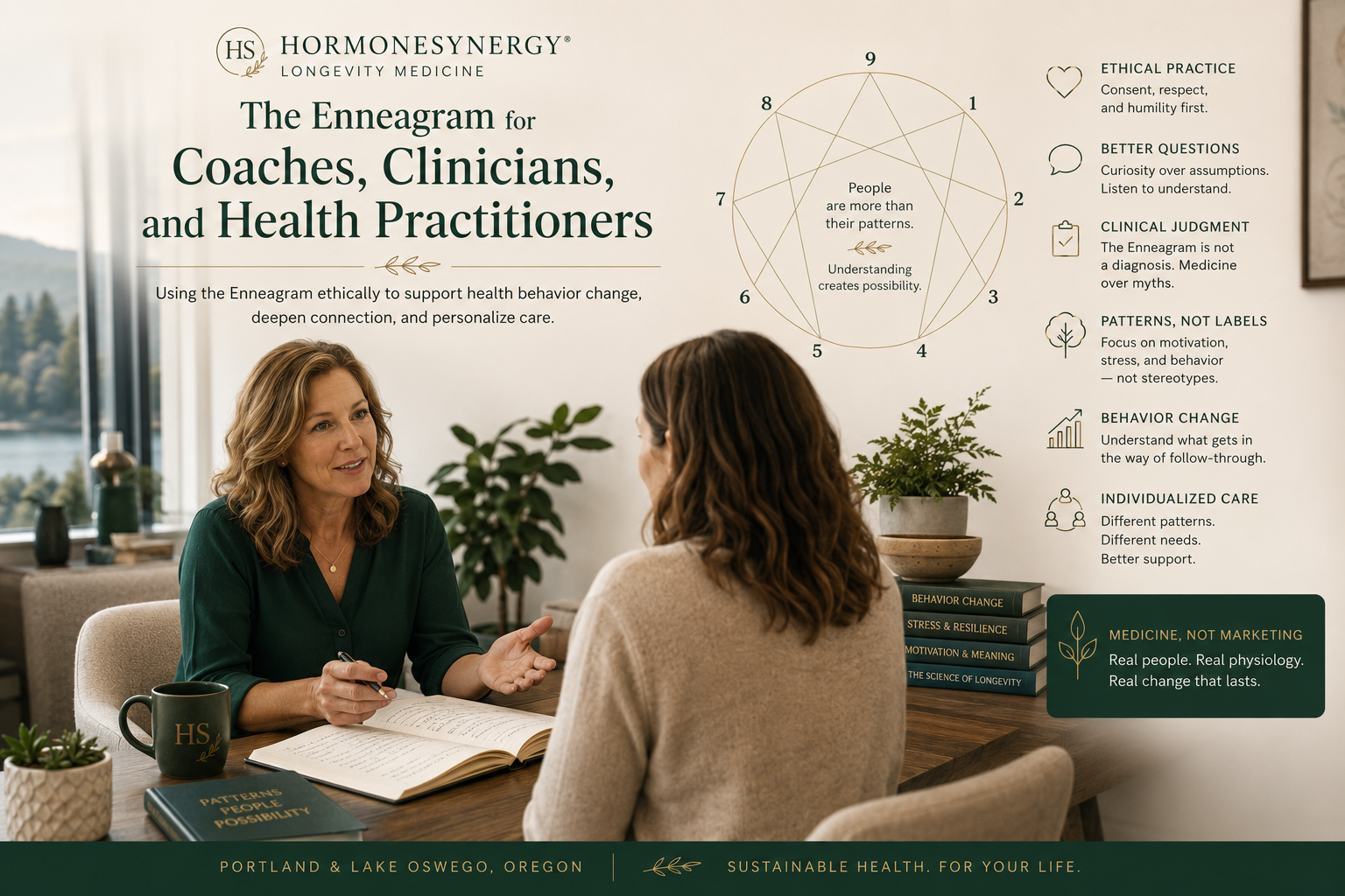 Enneagram for coaches, clinicians, and health practitioners image showing ethical listening, behavior change, individualized care, and longevity medicine in the HormoneSynergy approach.