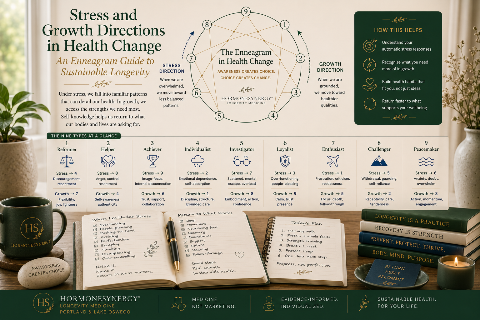 Enneagram stress and growth directions image showing health behavior change, self-awareness, recovery, and sustainable longevity habits in the HormoneSynergy approach.