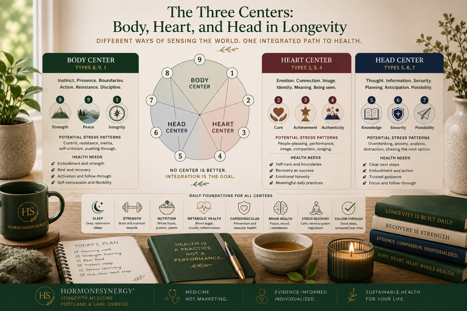 Enneagram Three Centers image showing Body, Heart, and Head patterns in health behavior change and sustainable longevity in the HormoneSynergy approach.